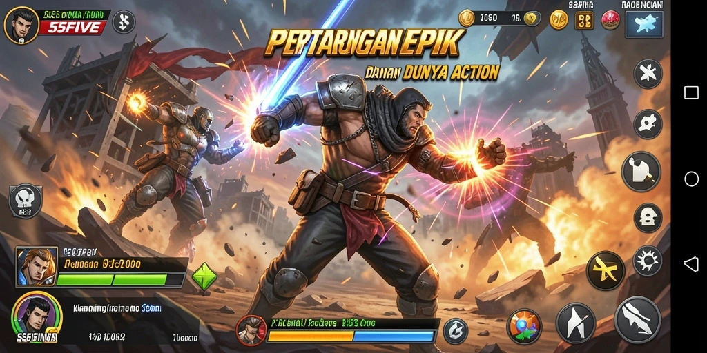 Tampilan gameplay 55FIVE yang penuh aksi dan seru.