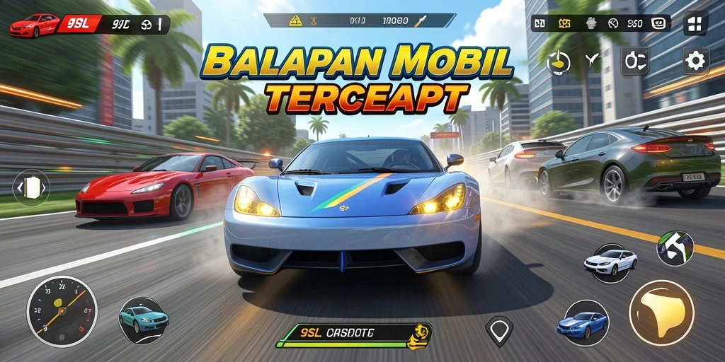 Screenshot dari 9SL menampilkan aksi balapan mobil yang seru.