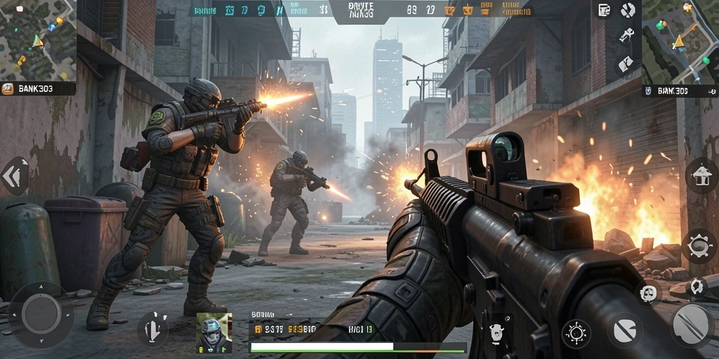 Tampilan gameplay intens di BANK303 dengan aksi baku tembak yang seru.