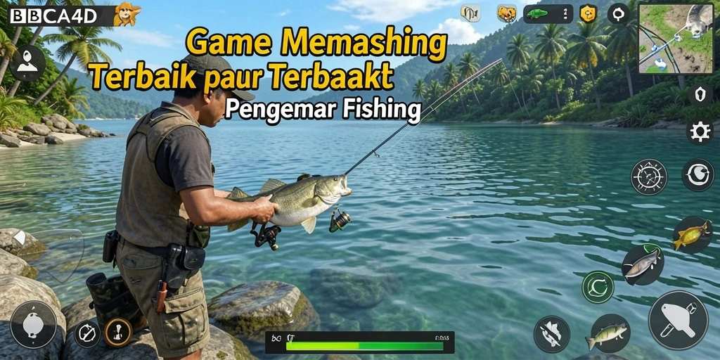 Tampilan seru gameplay memancing di BBCA4D dengan berbagai lokasi menarik.