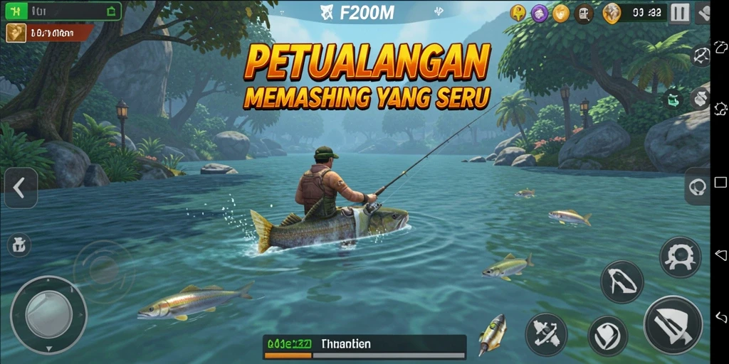 Gameplay seru memancing di berbagai lokasi menarik.