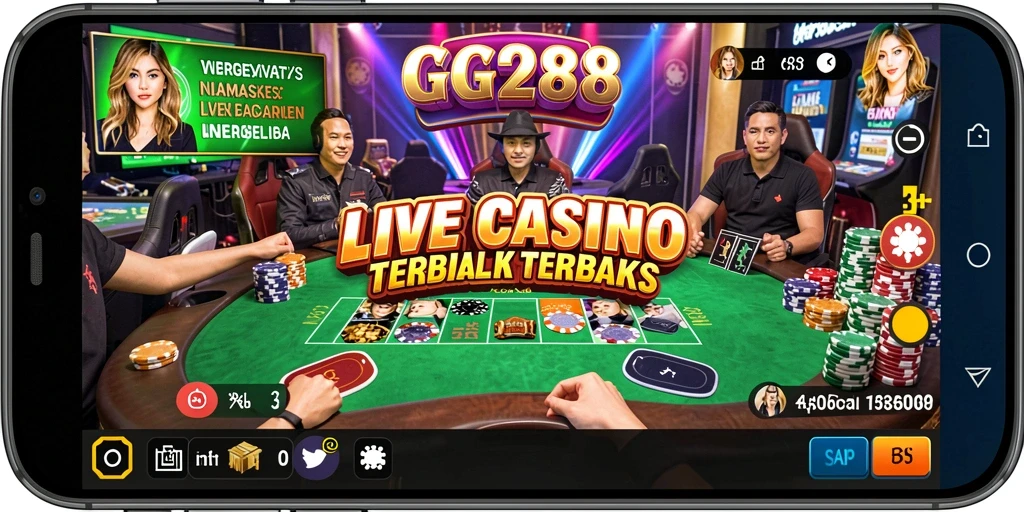 Screenshot gameplay GG288 yang menampilkan dealer live dan suasana kasino.