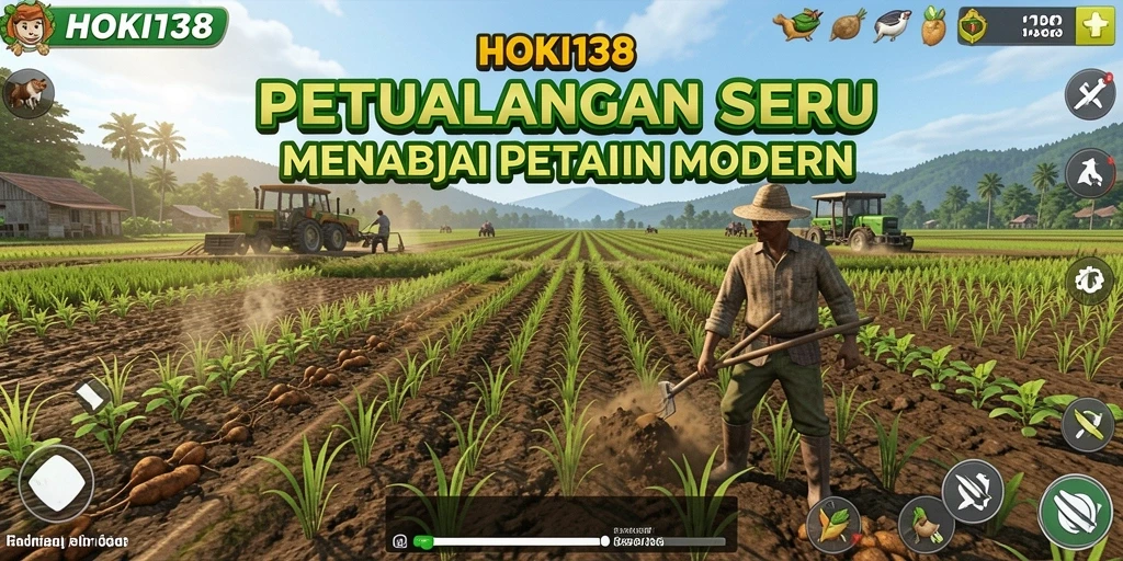 Screenshot gameplay HOKI138 menunjukkan petani yang sedang mengurus tanaman dengan penuh semangat.