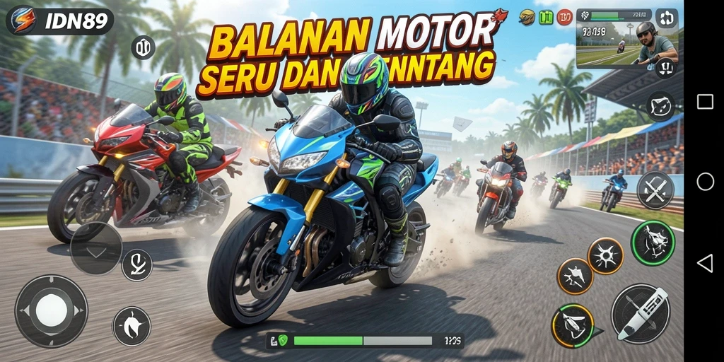 Screenshot gameplay IDN89 menunjukkan aksi balap motor yang seru dan mendebarkan.