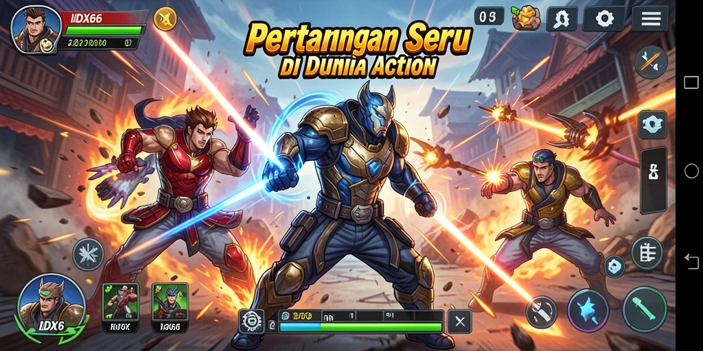 Screenshot aksi seru dalam game IDX66 dengan karakter bertarung.