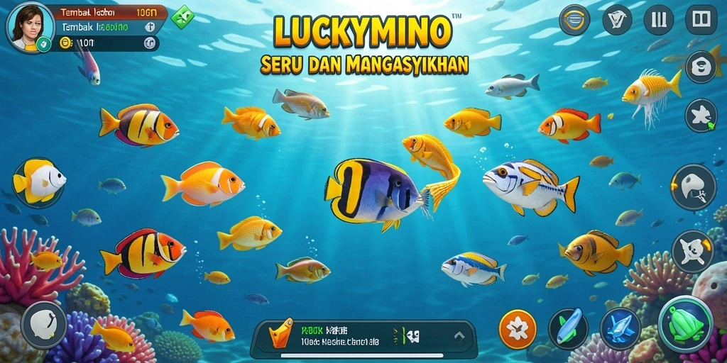 Tampilan gameplay seru di LUCKYMINO saat menangkap ikan.