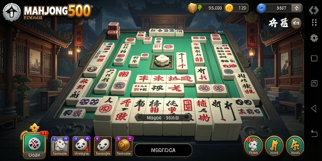 Tangkapan layar gameplay <strong>MAHJONG500</strong> menampilkan menara strategis dalam pertahanan melawan gelombang musuh.