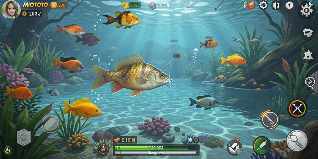 Tampilan gameplay MIOTOTO yang menarik saat menangkap ikan.