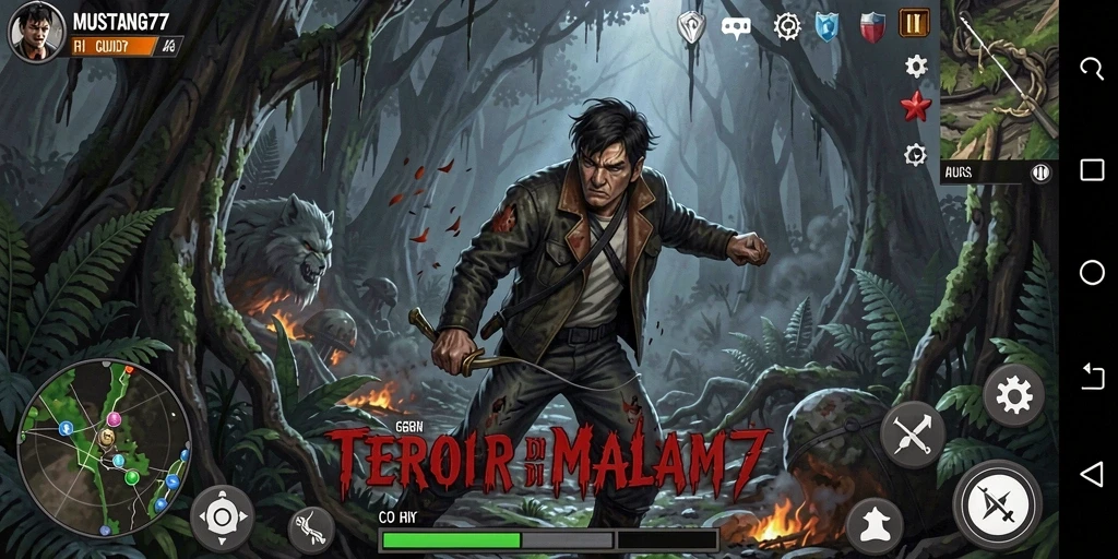 Gameplay MUSTANG77 menampilkan suasana menegangkan di hutan malam.