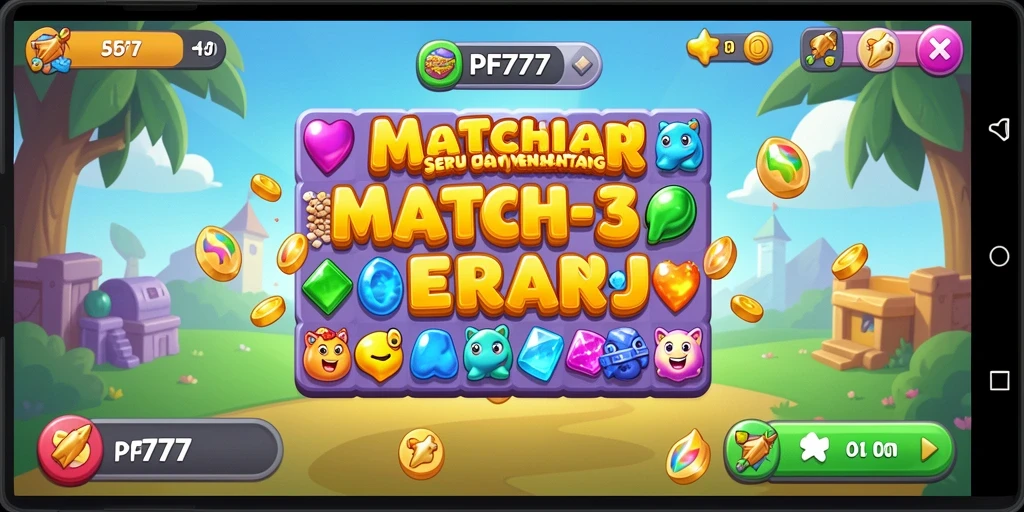 Screenshot gameplay PF777 menampilkan tampilan level Match-3 yang memukau.