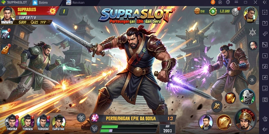 Screenshot gameplay yang menunjukkan pertarungan epik dan karakter menarik.