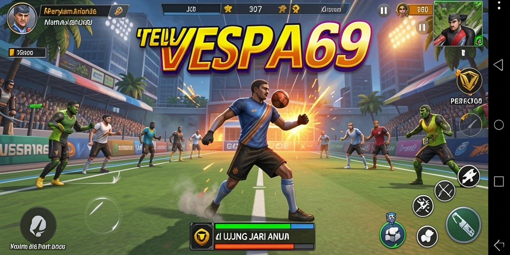 Tampilan gameplay mendebarkan VESPA69 di arena olahraga virtual.