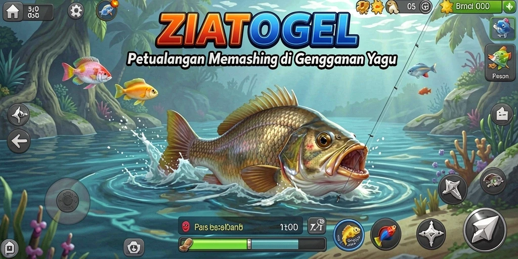 Tampilan gameplay ZIATOGEL saat memancing di danau yang indah.